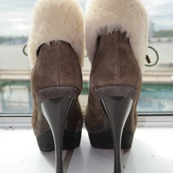L.A.M.B. Brown Suede Shearling-Lined Platform Ankle Boots Size 7 - Picture 15 of 16